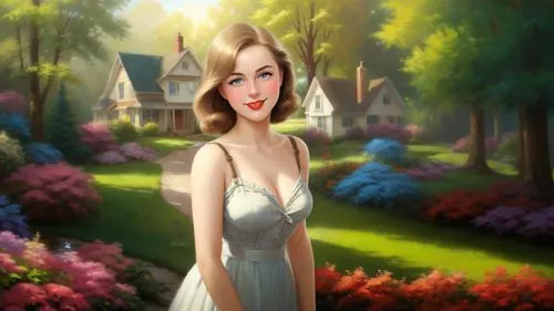 Masterpiece oil painting, nostalgic  idyllic scenery, cozy suburban American landscape, by Thomas Kinkade, by Bob Ross,margairaz,girl in the garden,springtime background,spring background,rosamund,fan