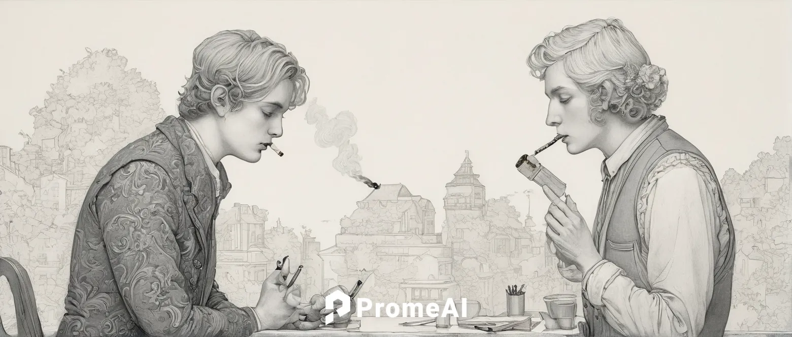 Compose a dialogue between two friends arguing over a lost cigarette lighter.,tea service,the annunciation,courtship,conversation,book illustration,young couple,coffee tea illustration,javanese,tea dr