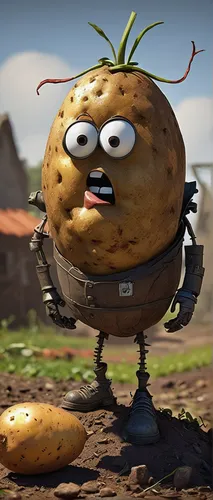 Create a funny comic strip featuring a potato as the main character and a talking vegetable as the sidekick.,potato character,rock pear,rustic potato,potato field,russet burbank potato,potato,potatoe,