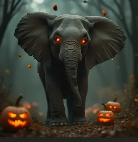 sorrindo,an elephant standing in the woods surrounded by pumpkins,halloween background,circus elephant,elephant,halloween wallpaper,elefante,jack o'lantern