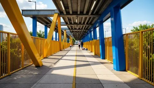 Vibrant urban landscape, pedestrian bridge infrastructure, sleek modern architecture, bold primary colors, bright yellow handrails, deep blue structural elements, warm beige walkways, cool gray steel 