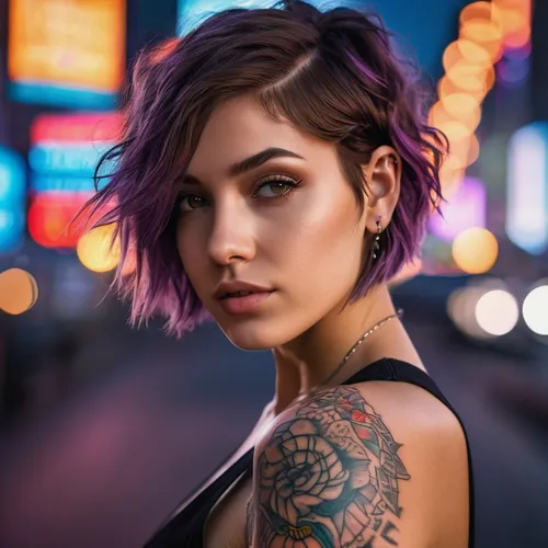 tattoo girl,punk,violet,portrait photography,greta oto,purple background,lis,tattoos,woman portrait,semi-profile,girl portrait,bella rosa,romantic portrait,colorful background,pixie cut,femme fatale,pompadour,mohawk,la violetta,portrait background,Photography,General,Natural