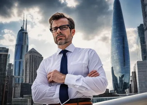 Mature male architect, 35-40 years old, standing confidently, hands behind back, wearing black framed glasses, short brown hair, trimmed beard, white dress shirt, dark blue suit pants, black leather b