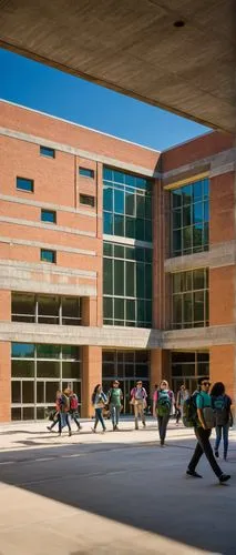  UNC Charlotte, modern university campus, brutalist architecture, rectangular building, concrete walls, large windows, steel beams, open courtyard, students walking, backpacks, laptops, books, casual 