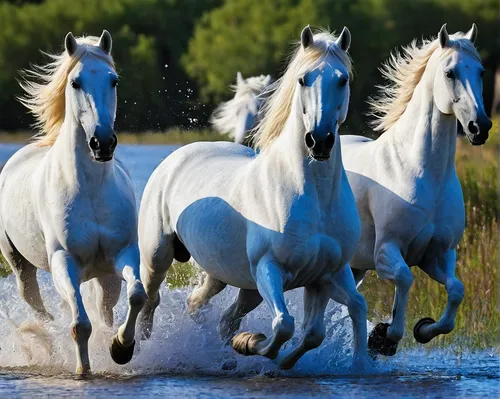 """White horses of Camargue France running free  through marshy areas and  splashing water.<br /> <br /> Available sizes:<br /> 12"""" x 18"""" print <br /> <br /> See Pricing page for more informatio