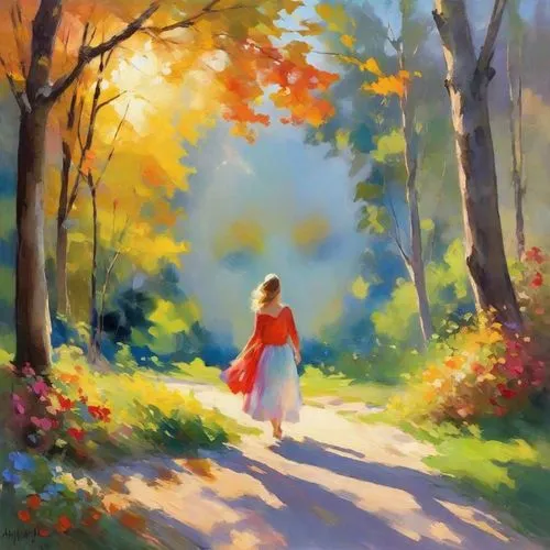 girl walking away,woman walking,girl with tree,oil painting on canvas,autumn landscape,oil painting,autumn walk,little girls walking,pathway,art painting,autumn idyll,forest path,autumn light,landscap