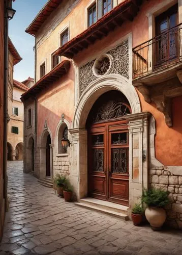 Balkan-style architecture, Yugoslavia, old town, historic building, ornate facades, red-tiled roof, white stone walls, arched windows, intricate stonework, grand entrance, decorative door, iron lanter