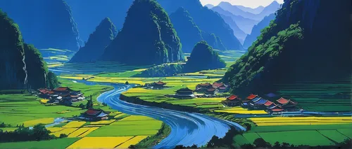 Describe the breathtaking landscapes of Guizhou province in vivid detail.,japan landscape,japanese alps,guizhou,rice terrace,mountain village,travel poster,alpine village,valley,rice fields,japanese m