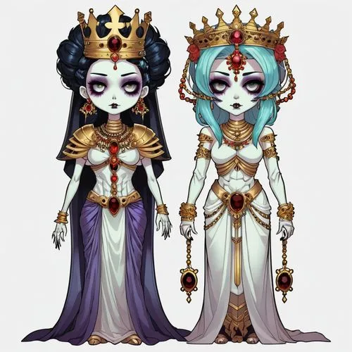 2d front sprite of a gothic colored spooky evil anime mummy goddess king and queen monster, transparent background,two gothic fairy women with long hair and wearing a crown,priestesses,empresses,conso