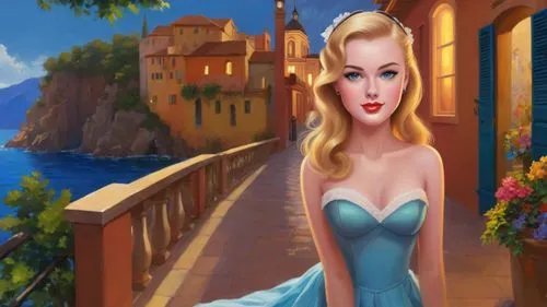 Romantic masterpiece oil painting, cute girl portrait, nostalgic 1950's style kitsch, breathtaking beautiful landscape, majestic scenery, Belagio promenade, sunlit stroll, village hideaway, riviera, h