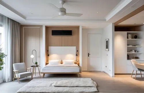 A French plasterboard ceiling and ceiling fan
There is a TV and cabinet on the wall
a balcony with a view,a big room with white and wood decor,modern room,chambre,danish room,bedroom,bedrooms,guest ro