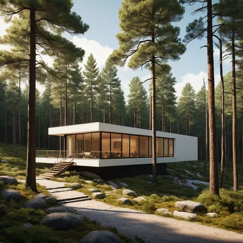 architecture, design elements, rendering, Light Uspscaler at Finnish landscape,house in the forest,mid century house,timber house,cubic house,inverted cottage,dunes house,holiday home,summer house,the