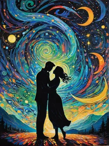 dancing couple,universo,dance with canvases,romantic scene,starry night,dream art,Conceptual Art,Daily,Daily 31