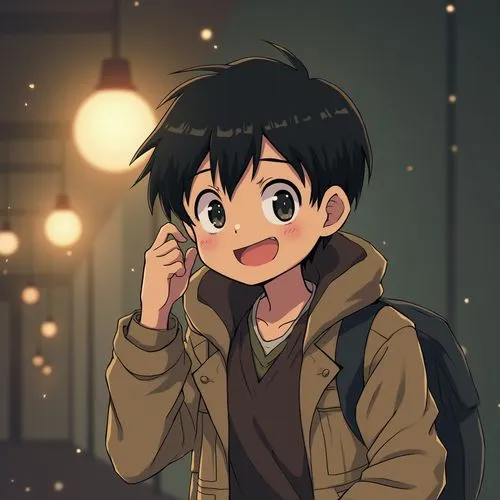 Sammy the boy brown grey happy,an anime man with black hair and big eyes,kazuto,hiro,shigehiro,tamako,bertolt,tomoki