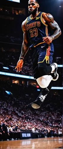 LeBron James, basketball player, athletic build, serious facial expression, sweat dripping down face, black Nike sneakers, white socks, NBA jersey, basketball shorts, muscular legs, intense gaze, spot