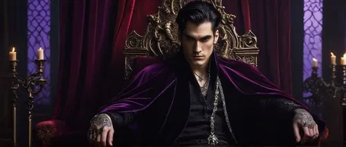 Mysterious dark-haired male, brooding eyes, sharp facial features, pale complexion, intricate black tattoos on arms, red velvet cloak with golden trim, ornate silver accessories, reclining on a lavish