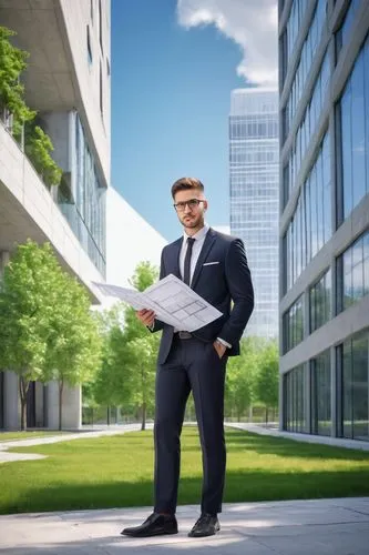 Bachelor, mature man, (30yo), short hair, glasses, suit, tie, white shirt, black trousers, leather shoes, holding blueprints, standing, university campus, modern architecture building, glass windows, 