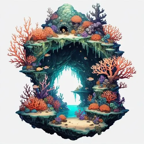 mushroom island,underwater oasis,coral reef,terrarium,aquarium,floating island,Illustration,Abstract Fantasy,Abstract Fantasy 11