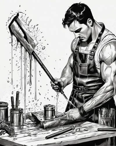 repairman,plumber,craftsman,handyman,a carpenter,lead-pouring,gunsmith,carpenter,ironworker,chisel,tradesman,power tool,builder,painting technique,technician,woodworker,blacksmith,circular saw,dewalt,drill hammer,Illustration,Black and White,Black and White 34