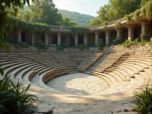 Natural stone amphitheater, tiered seating, lush green surroundings, acoustic panels, sound-absorbing materials, reinforced concrete structures, curved lines, open-air performance space, warm sunny da