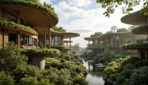 ecotopia,ecovillages,treehouses,ecovillage,streamwood,stilt houses,asian architecture,render,floating huts,roof landscape,futuristic landscape,floating islands,3d rendering,rivendell,amanresorts,renderings,dorne,houseboats,terraformed,riverwood