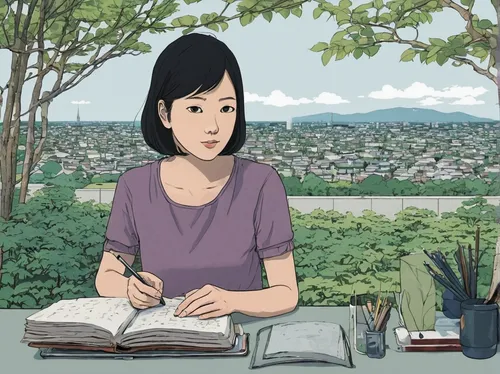 shirakami-sanchi,mari makinami,girl studying,the girl studies press,kyoto,japanese woman,book illustration,hand-drawn illustration,tsukemono,cool woodblock images,japanese background,writing-book,woodblock prints,nepali npr,gyokuro,ikebana,camera illustration,aonori,woodblock printing,learn to write,Illustration,Vector,Vector 10