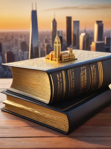 Modern portfolio cover, open book, leather-bound, golden embossing, lying on a wooden desk, next to a miniature architectural model, skyscraper design, cityscape background, sunny day, warm lighting, 