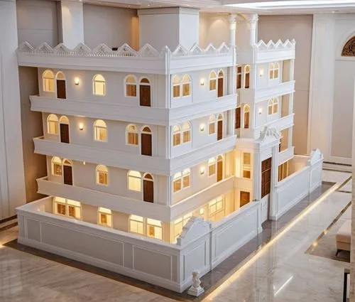 Design a sophisticated and elegant four-story residential building inspired by the grandeur of a white Roman temple. The architectural style should reflect classical Roman elements, including tall col