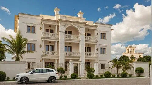 a car that is parked in front of a building,sursock,wodeyar,sharjah,baladiyat,sohar,gold stucco frame,residencial,fresnaye,exterior decoration,lodha,residential house,luxury property,ajman,kothi,habto