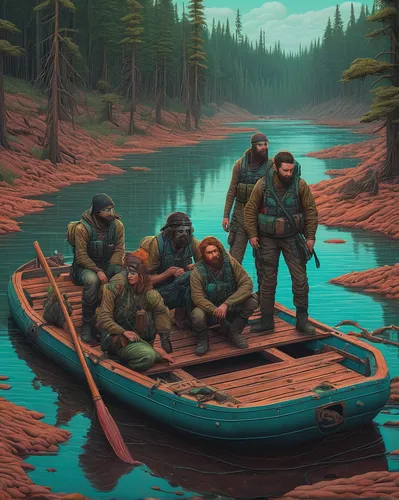 In a post-apocalyptic wasteland, renegades set sail on a makeshift raft down the contaminated river.,dugout canoe,forest workers,raft guide,fishermen,sea scouts,game illustration,fishing float,canoein