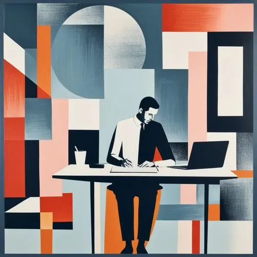 the man is sitting at the table typing on his laptop,sagmeister,man with a computer,abstract corporate,girl at the computer,computer graphic,chermayeff