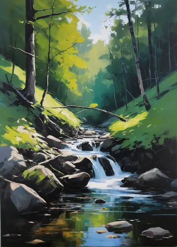 flowing creek,mountain stream,brook landscape,river landscape,streams,mountain river,clear stream,stream,a river,forest landscape,oil painting,oil painting on canvas,mountain spring,the brook,freshwater,painting technique,cascades,upper water,raven river,oil on canvas,Conceptual Art,Oil color,Oil Color 02