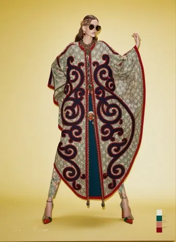 a model poses in an orange and brown patterned cape, matching with matching shoes,russian folk style,dashiki,bhangra,caftans,dreamcoat,karabasic,Illustration,Realistic Fantasy,Realistic Fantasy 05