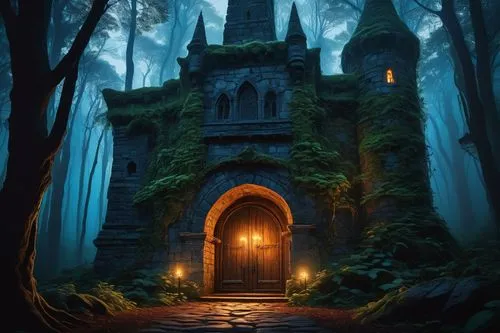 haunted cathedral,witch's house,forest chapel,witch house,gothic church,house in the forest,blood church,ghost castle,fairy tale castle,haunted castle,the haunted house,hall of the fallen,gothic architecture,fairy door,fairy house,devilwood,haunted forest,the threshold of the house,wooden church,haunted house,Conceptual Art,Oil color,Oil Color 13