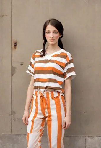 horizontal stripes,striped background,stripes,striped,stripe,mime artist,candy cane stripe,mime,orange,pin stripe,central stripe,orange half,bright orange,pippi longstocking,orange color,girl in overalls,carrot print,one-piece garment,orange robes,horizontal lines