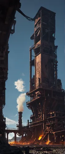 Blast furnace by Andreas Michels,refinery,industrial landscape,industrial ruin,oil platform,gunkanjima,industries,factory ship,mining facility,very large floating structure,oil rig,shipyard,heavy wate