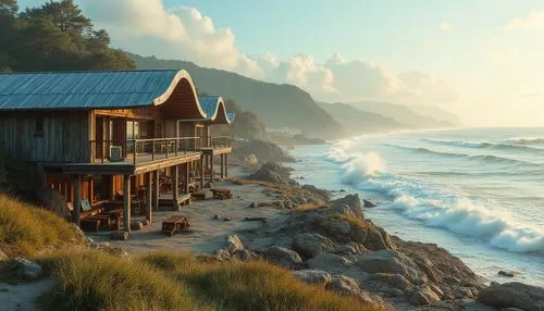 seaside country,beach house,seaside view,oceanfront,coastal landscape,beach hut,wood and beach,beachfront,seaside resort,coastline,summer cottage,beachhouse,beach landscape,mountain beach,wooden houses,shoreline,beach huts,shorefront,carmel,home landscape,Photography,General,Realistic