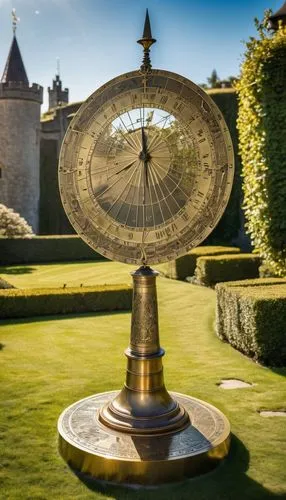 A magnificent brass sundial, its surface etched with a detailed map of the surrounding lands, stands proudly in a hidden castle garden. Sunlight casts precise shadows on the polished metal, revealing 