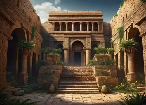 Ancient Mesopotamian architecture, Ziggurat, mud-brick structure, ornate glazed tiles, intricate stone carvings, majestic entrance gates, hanging gardens, Babylonian style, stepped pyramid shape, lush