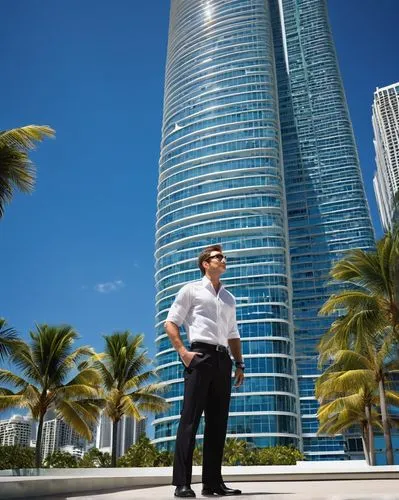 Modern architect, male, 30s, glasses, short hair, business casual attire, standing in front of a Miami skyscraper, hands on hips, looking up at the building's sleek design, blueprints in hand, citysca