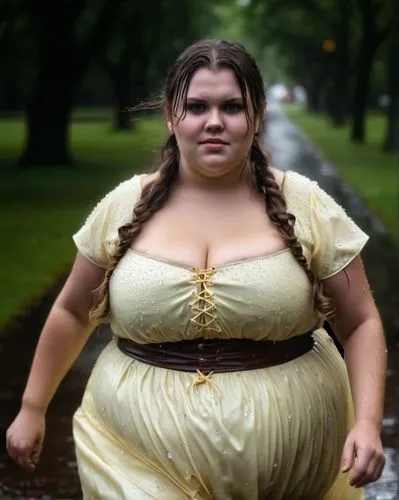 die frau geht auf einem regennassen Weg mit Pfützen in einer Parkanlage bei starkem regen,plus-size model,fatayer,girl in a long dress,gordita,plus-size,fat,hoopskirt,her,quinceañera,wedding dress,a g