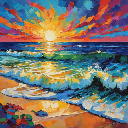 sunrise beach,sun and sea,sunset beach,beach landscape,coast sunset,sea beach-marigold,sun,sea landscape,seascape,coastal landscape,oil painting on canvas,sunburst background,sunburst,bright sun,summersun,3-fold sun,sun burst,sun reflection,carol colman,colorful water,Conceptual Art,Oil color,Oil Color 25