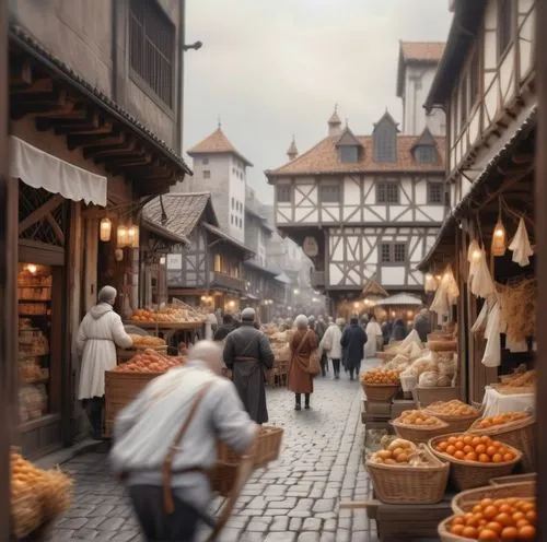 Pedestrian view of renaissance market in a paved street, with wooden houses, people and merchants selling goods ,an old market area with oranges for sale and people walking through,medieval market,med