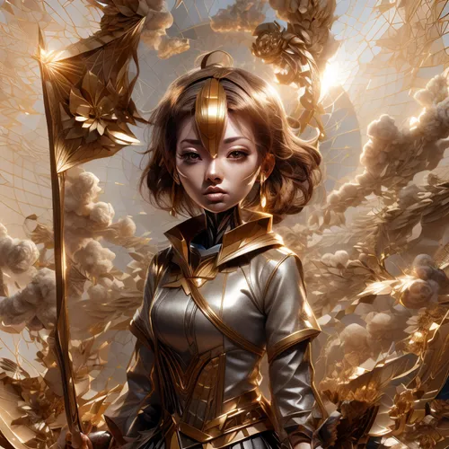 joan of arc,golden rain,gold wall,golden crown,fantasy portrait,gold leaf,foil and gold,mary-gold,paladin,heroic fantasy,archangel,gold flower,gold color,baroque angel,gold foil 2020,golden color,sci fiction illustration,rosa ' amber cover,golden heart,transistor