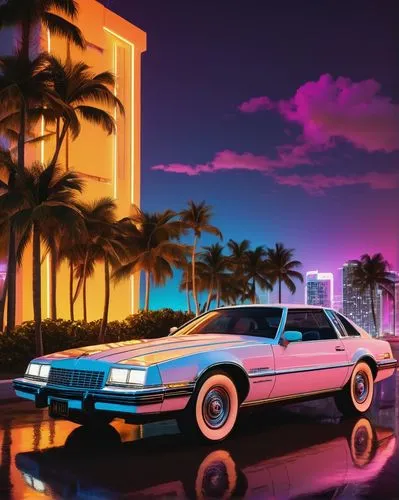 oldsmobile toronado,cadillac eldorado,miami,classic car and palm trees,lotus esprit,lincoln mark viii,80s,mercury grand marquis,buick riviera,lamborghini countach,countach,80's design,chrysler concorde,delorean dmc-12,cadillac de ville series,buick lesabre,retro automobile,buick electra,cadillac,south beach,Illustration,Vector,Vector 13