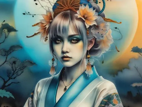 a woman in a japanese dress with flowers on her head,oiran,geisha girl,japanese art,geisha,geishas,kuanyin,Illustration,Realistic Fantasy,Realistic Fantasy 45