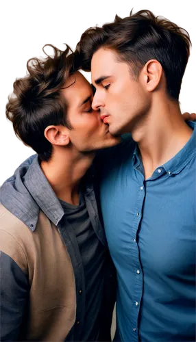 Two men, kissing, intimate moment, facial close-up, romantic atmosphere, soft focus, warm lighting, gentle lips, tender expression, messy hair, casual wear, relaxed posture, emotional connection, shal