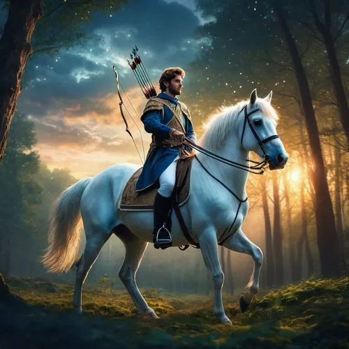 A wide magical picture of a forest at dusk. A noble Jewish prince, mounted on a magnificent white horse, aims his bow and arrow at a distant deer,faramir,aveline,arthurian,beleriand,haytham,cuirassier