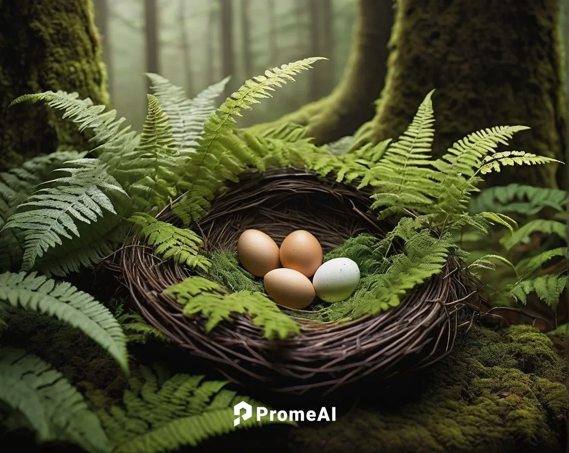 Bird's nest, lush green ferns, detailed twigs, woven branches, cozy interior, soft feathers, eggs, morning dew, warm sunlight filtering through leaves, misty atmosphere, serene forest, moss-covered tr