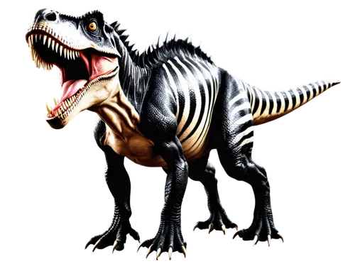 Dinosaur, black and white stripes, Tyrannosaurus Rex, powerful legs, sharp teeth, scaly skin, fierce eyes, solo, close-up, 3/4 composition, high contrast lighting, detailed texture, cinematic composit